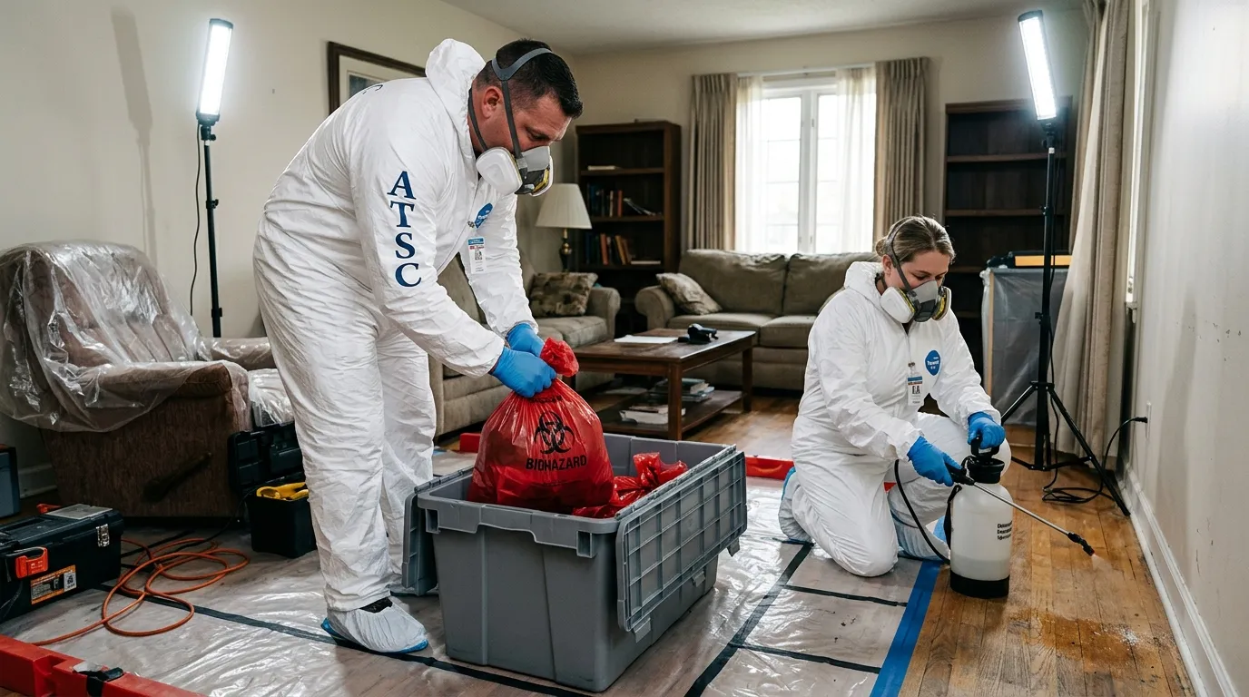 Professional Hazmat Cleanup technician in full PPE working in East Saint Louis